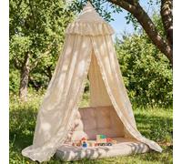SmoothNovelty Gingham Plaid Bed Canopy with Ruffles Soft Vintage Style Decorative Tent for Reading Nook Play Area or Adult Bedroom Circus Tent Canopy(Beige)