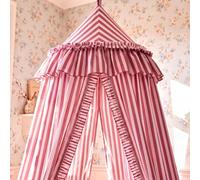 SmoothNovelty Red Striped Bed Canopy with Ruffles | Polyester Hanging Canopy, French Country Ruffled Canopy Bed Curtains for Reading Nook, Play Area, Adult Princess Bedroom