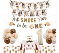 S'mores 1st Birthday Decors It's S'more Fun To Be One Banner Cake Toppers One High Chair Banner Camping First Birthday Decor Campfire Camper Bonfire Marshmallow Roasting 1 Year Old Bday Party Supplies
