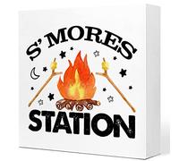 S'mores Station Bonfire Camping Wood Plaque Sign Desk Decor,Farmhouse Camping Quote Wood Block Sign Desk Decorations for Home Camper RV Desk Shelf Table Decor