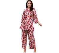 SMOWKLY Women's Printed Rayon Short Kurti with Relaxed Fit Pant Sylish Co-Ords || Trendy Pair of 3/4 Sleeve Lace Up Kurta and Palazzo for Party, red and white, L