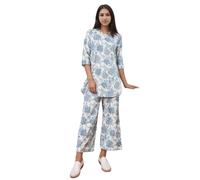 SMOWKLY Women's Printed Rayon Slub Mid Thighs Short Kurti With Relaxed Fit Pant Sylish Co-Ords Set || Trendy 3/4 Sleeve Kurta & Palazzo Party Wear Cord Pair, Sky Blue, M