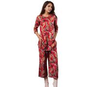 SMOWKLY Women's Printed Rayon Slub Mid Thighs Short Kurti With Relaxed Fit Pant Sylish Co-Ords Set || Trendy 3/4 Sleeve Kurta & Palazzo Party Wear Cord Pair, Red, M