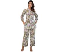 SMOWKLY Women's Printed Rayon Slub Mid Thighs Short Kurti With Relaxed Fit Pant Sylish Co-Ords Set || Trendy 3/4 Sleeve Kurta & Palazzo Party Wear Cord Pair, Multicolour, M