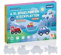 Smowo 10 mm Ironing Beads Pegboards Vehicles - Set of 4 Plates and Templates - Car, Ship, Train, Plane - Large Maxi Pin Plates for Children from 3 Years