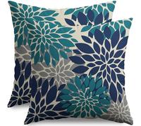 Smozenith Navy Blue Teal Pillow Covers 16X16 Inch Set of 2, Summer Modern Geometry Dahlia Floral Print Decorative Throw Pillow Covers Outdoor Farmhouse Cushion Case for Couch Sofa Bed Decor