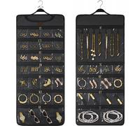 SMRITI Hanging Jewelry Organizer with Dual Zippered Pockets Canvas Double Sided Rotating Hanger Necklace Hanging Wall Organizer Earring Dustproof Holder Wall Mount Accessories Display Bag(Dark Grey)