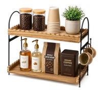 SMRONAR Coffee Station Organizer, 2 Tier Coffee Bar Accessories Storage with 4 Hooks, Spice Rack, Wooden Kitchen Countertop Organizer for Kitchen, Home, Coffee Bar