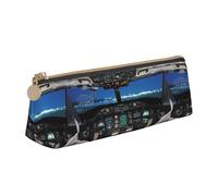 SMSJTMWHN Airplane Cockpit Print Triangle Pencil Case Leather Pen Pouch Cosmetics Bags Desk Stationery Organizer Box Holder For Office Women Men