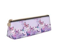SMSJTMWHN Beautiful Purple Butterfly Art Print Triangle Pencil Case Leather Pen Pouch Cosmetics Bags Desk Stationery Organizer Box Holder For Office Women Men