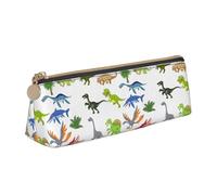 SMSJTMWHN Cartoon Dinosaur Images Print Triangle Pencil Case Leather Pen Pouch Cosmetics Bags Desk Stationery Organizer Box Holder For Office Women Men