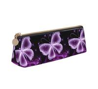 SMSJTMWHN Cute Purple Butterfly Print Triangle Pencil Case Leather Pen Pouch Cosmetics Bags Desk Stationery Organizer Box Holder For Office Women Men