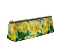 SMSJTMWHN Daffodil Flower Print Triangle Pencil Case Leather Pen Pouch Cosmetics Bags Desk Stationery Organizer Box Holder For Office Women Men