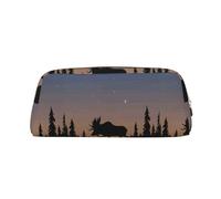 SMSJTMWHN Deer Mountain Pine Tree Wilderness Print Leather Pencil Case Bag Spacious And Stylish Zipper Office Pencil Pouch