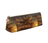 SMSJTMWHN Fantasy Pirate Ship Print Triangle Pencil Case Leather Pen Pouch Cosmetics Bags Desk Stationery Organizer Box Holder For Office Women Men
