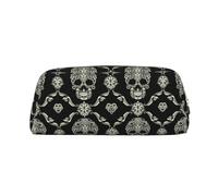 SMSJTMWHN Flowers Skull Ornamental Pattern Print Leather Pencil Case Bag Spacious And Stylish Zipper Office Pencil Pouch