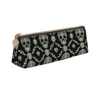 SMSJTMWHN Flowers Skull Ornamental Pattern Print Triangle Pencil Case Leather Pen Pouch Cosmetics Bags Desk Stationery Organizer Box Holder For Office Women Men