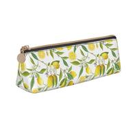 SMSJTMWHN Fresh Tropical Lemons Print Triangle Pencil Case Leather Pen Pouch Cosmetics Bags Desk Stationery Organizer Box Holder For Office Women Men