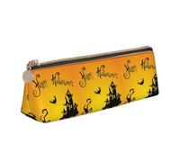 SMSJTMWHN Halloween Pumpkin Bat House Print Triangle Pencil Case Leather Pen Pouch Cosmetics Bags Desk Stationery Organizer Box Holder For Office Women Men
