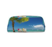 SMSJTMWHN Leather Pencil Case Beach Palm Tree Chairs Boats Print Pencil Case Bag Spacious And Stylish Zipper Pencil Pouch Office Use Pencil Bag