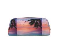 SMSJTMWHN Leather Pencil Case Coconut Palm Tree Sandy Beach Print Pencil Case Bag Spacious And Stylish Zipper Pencil Pouch Office Use Pencil Bag