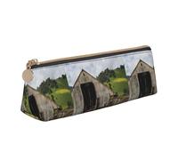 SMSJTMWHN Old Wooden Barn With Rusted Tractor Print Triangle Pencil Case Leather Pen Pouch Cosmetics Bags Desk Stationery Organizer Box Holder For Office Women Men