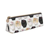 SMSJTMWHN Pomeranians Pattern Print Triangle Pencil Case Leather Pen Pouch Cosmetics Bags Desk Stationery Organizer Box Holder For Office Women Men