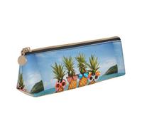 SMSJTMWHN Seaside Beach Yellow Geometric Pineapple Print Triangle Pencil Case Leather Pen Pouch Cosmetics Bags Desk Stationery Organizer Box Holder For Office Women Men
