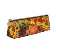 SMSJTMWHN Thanksgiving Day Pumpkin Print Triangle Pencil Case Leather Pen Pouch Cosmetics Bags Desk Stationery Organizer Box Holder For Office Women Men