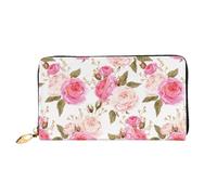 SMSJTMWHN Women Wallets Floral Flower Rose Pink Print Pu Leather Zipper Long Purse Large Capacity Cellphone Credit Card Money Holder Clutch Wallet