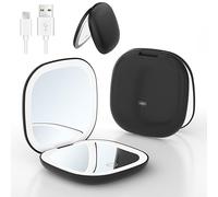 SMTEK Rechargeable Travel Makeup Mirror with Light - 1x/10x Magnifying Compact LED Mirror for Handbag Purse, 2-Side Dimmable Pocket, USB Type-C Charging,10cm Portable Handheld Gift for Women - Black