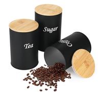 smtfcty Tea Coffee Sugar Canisters 1000ML 3 Pack Storage Canister Set, Metal Canister Storages Jar Container Set With Airtight Lid, Decorative Storage Tins for Home Kitchen (Black+wood)