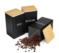 smtfcty Tea Coffee Sugar Canisters 1000ML 3 Pack Storage Canister Set, Metal Canister Storages Jar Container Set With Airtight Lid, Decorative Storage Tins for Home Kitchen (Black+wood)