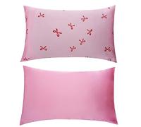SMUG Satin Pillowcases 2 Pack | Luxury Satin Pillowcases | Silky, Cooling Covers for Frizz-Free Hair & Smooth Skin, Anti-Wrinkle with Envelope Closure for Women (Standard/Queen) | Red Bows