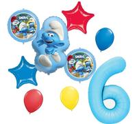 Smurfs 6th Birthday Balloon Bouquet Party Decorations | Includes Jumbo Number 6 Balloon, Foil & Latex Mix, Smurfs Character Themed, Multi-Piece Set, Kids Party Supply