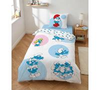 Smurfs Kids Duvet Cover 140x200 + Pillowcase 65x65 Blue 100% Cotton Peyo | Reversible bedding | 4 Smurfs racing on Blue | Dynamic style | 100% Cotton Oeko-Tex | Official Peyo licence