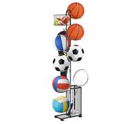 smusei Metal Ball Stand, 7 Tier Ball Storage Shelf, Vertical Ball Rack Holder with 2 Baskets & Hooks, Room Outdoor Sports Equipment Organiser for Basketball, Football, Volleyball etc
