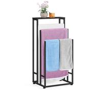 smusei Standing Towel Holder, 3-Tier Towel Rack with Wooden Shelf, Stainless Steel Bath Towel Holder for Living Room, Bathroom 40 x 30 x 82 cm, Black