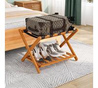 Smuxee Fully Assembled Honey Luggage Rack, Upgraded Bamboo Foldable Suitcase Stand with 5 Nylon Straps, Luggage Holder with Shelf for Guest Room Bedroom Hotel