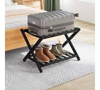 Smuxee Fully Assembled Luggage Rack for Guest Room, Upgraded Bamboo Foldable Suitcase Stand with 5 Nylon Straps, Luggage Holder with Shelf for Bedroom Hotel