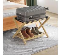 Smuxee Fully Assembled Luggage Rack for Guest Room, Upgraded Bamboo Foldable Suitcase Stand with 5 Nylon Straps, Nature Luggage Holder with Shelf for Bedroom Hotel