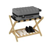 Smuxee Fully Assembled Luggage Rack for Guest Room, Upgraded Bamboo Foldable Suitcase Stand with 5 Nylon Straps, Nature Luggage Holder with Shelf for Bedroom Hotel