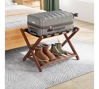 Smuxee Fully Assembled Walnut Luggage Rack, Upgraded Bamboo Foldable Suitcase Stand with 5 Nylon Straps, Luggage Holder with Shelf for Guest Room Bedroom Hotel