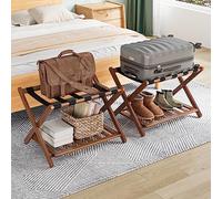 Smuxee Fully Assembled Walnut Luggage Racks Pack of 2, Upgraded Bamboo Foldable Suitcase Stand with 5 Nylon Straps, Luggage Holder with Shelf for Guest Room Bedroom Hotel