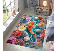 SMXVRC 3D Fantasy Carp Area Rug for Bedroom, 100x150cm, Romantic Chrysanthemum Stone Entrance Mat, Foldable Soft Anti-Slip Rugs, Rubber Backed Reduce Noise Accent Carpet for Dinning Room