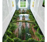 SMXVRC 3D Green Canyon Rug Runners for Hallways, 60x120cm, Visual Illusion Sky Mountain Green Plant Indoor Mat, Floor Decor Absorbent Foldable Rugs, Dirty Resistant Anti-Slip Mats for Family