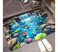 SMXVRC 3D Pond Area Rugs, 120x180cm, Carp Summer Lotus Home Decor Carpet, Mountain Waterfall Stream Breathable Washable Carpets, Absorbent Anti-Skid Bathroom Rug for Office Porch Laundryroom