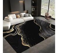 SMXVRC Black Marble Aesthetic Bedroom Area Rugs, 180x230cm, Abstract Black Gold Quicksand Texture Entryway Carpet, Durable Washable Low Pile Throw Rug, High Traffic Mat for Indoor