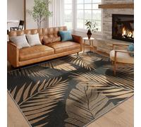 SMXVRC Indoor Area Rug, 140x200cm, Tropical Palm Leaf Botanical Pattern, Black Beige Flatweave Carpet for Patio, Balcony Living Room Garden Weatherproof Easy Clean