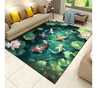 SMXVRC Koi Pattern Area Rug, 100x150cm, Smart Pond Lotus Entrance Rugs, Fish Carp Low Pile Non-Shedding Carpets, Home Decor Easy Clean Washable Non Slip Mats for Entrance Living Room Bedroom